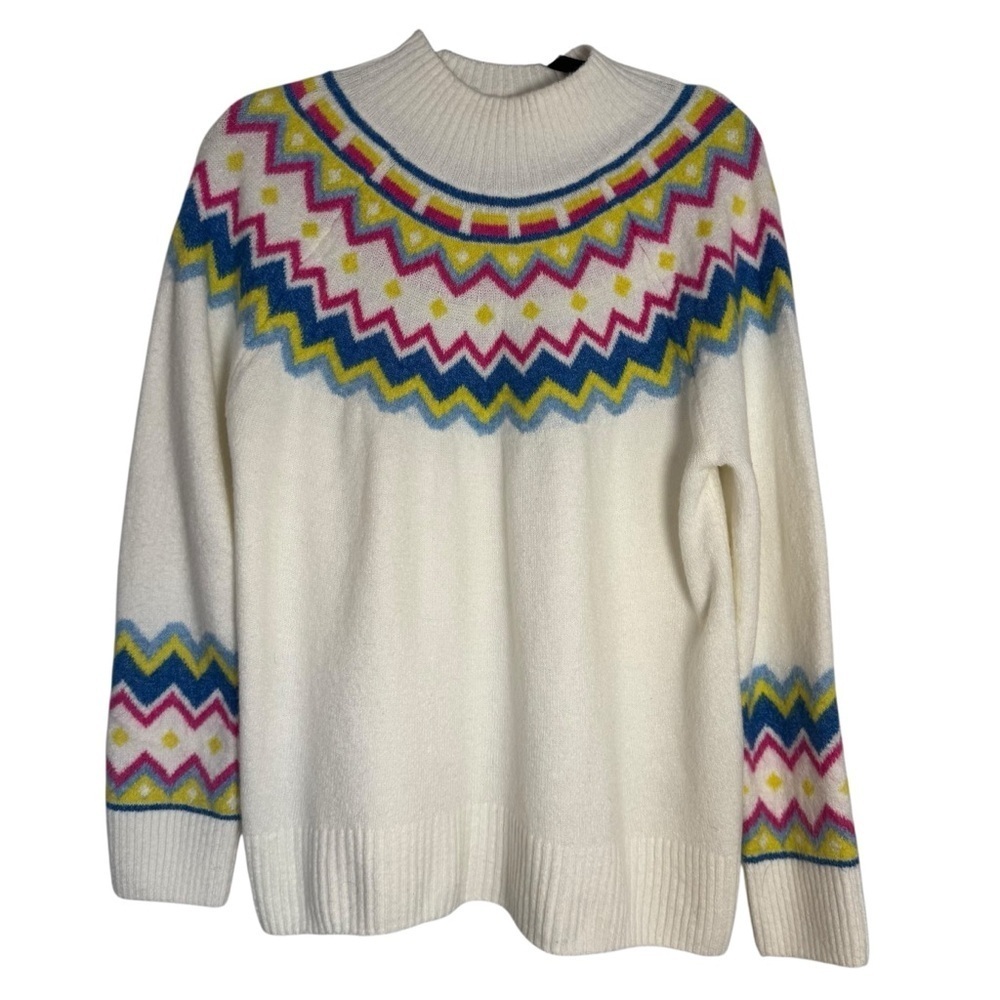 Vince Camuto White Fair Isle Medium Mockneck Sweater with Pink and Blue Accents